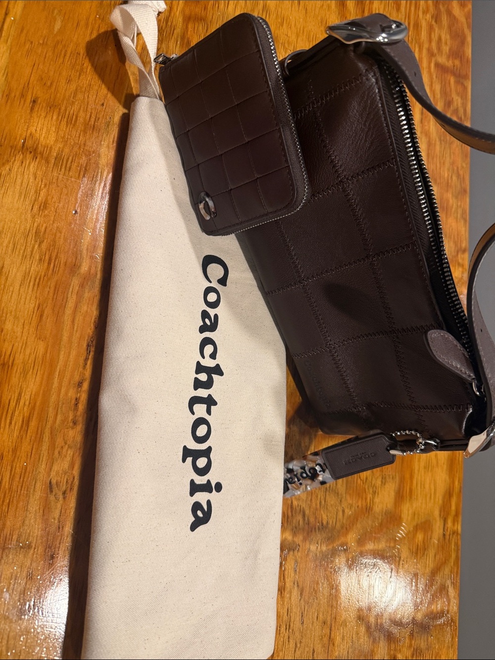 Coach Quilted Leather Shoulder Bag in Dark Brown with Coin Pouch